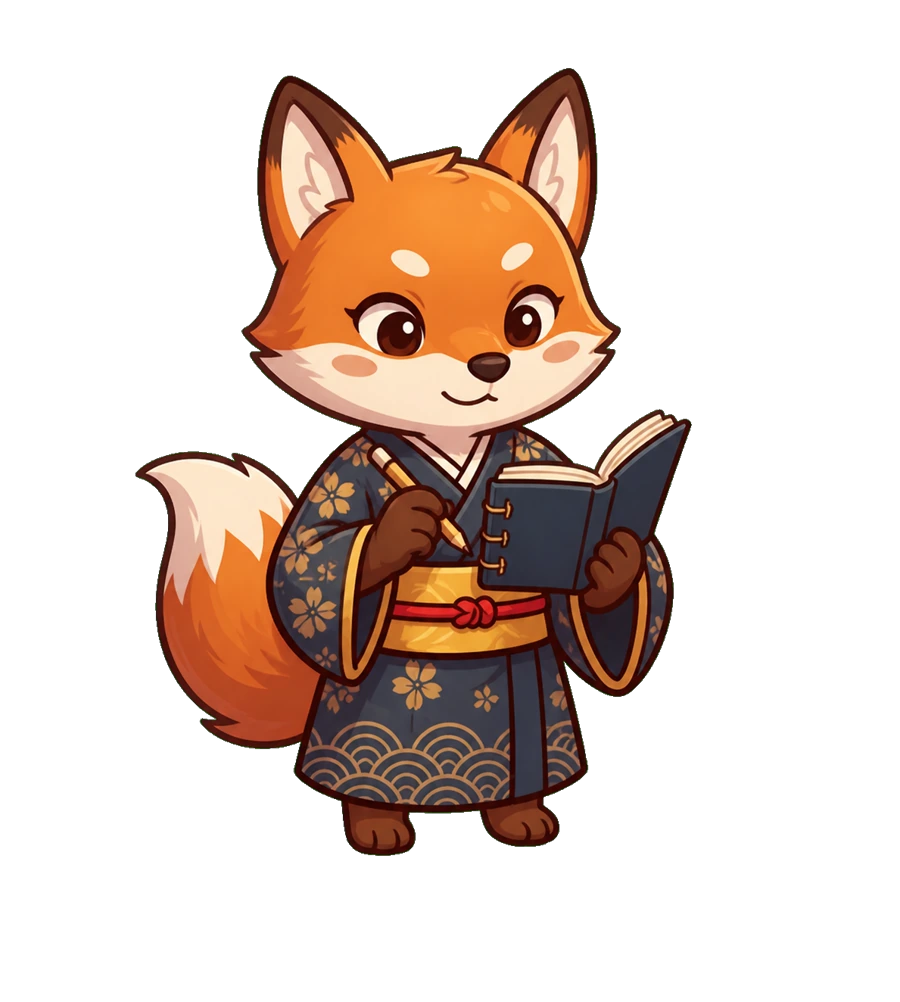Lena, the LenGaki fox sensei, reading a Japanese book